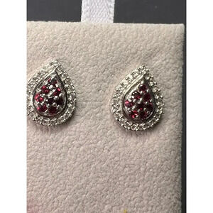 Red garnet and white topaz teardrop sterling silver post earrings